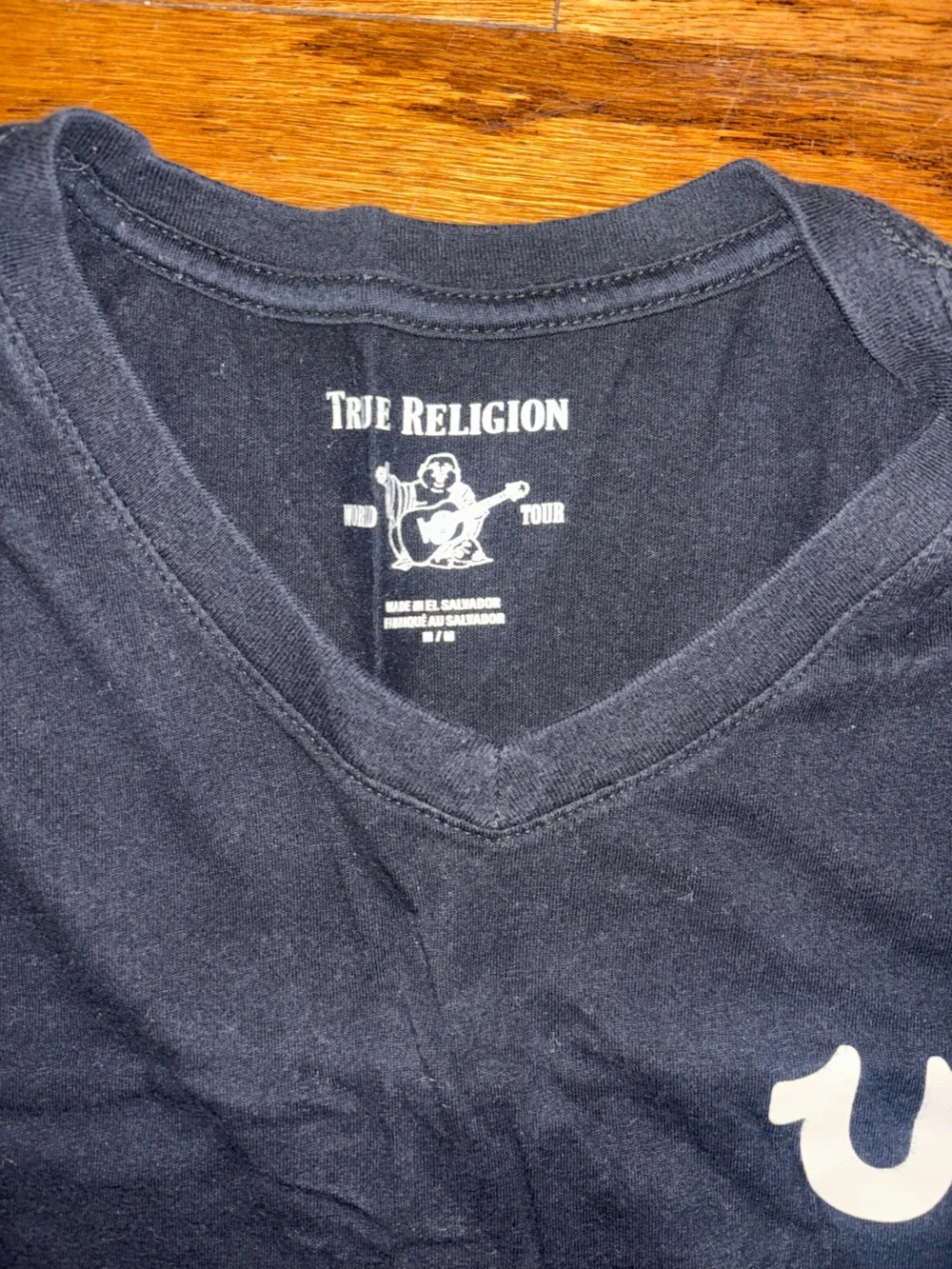 True Religion Black V-Neck T-Shirt with White Logo